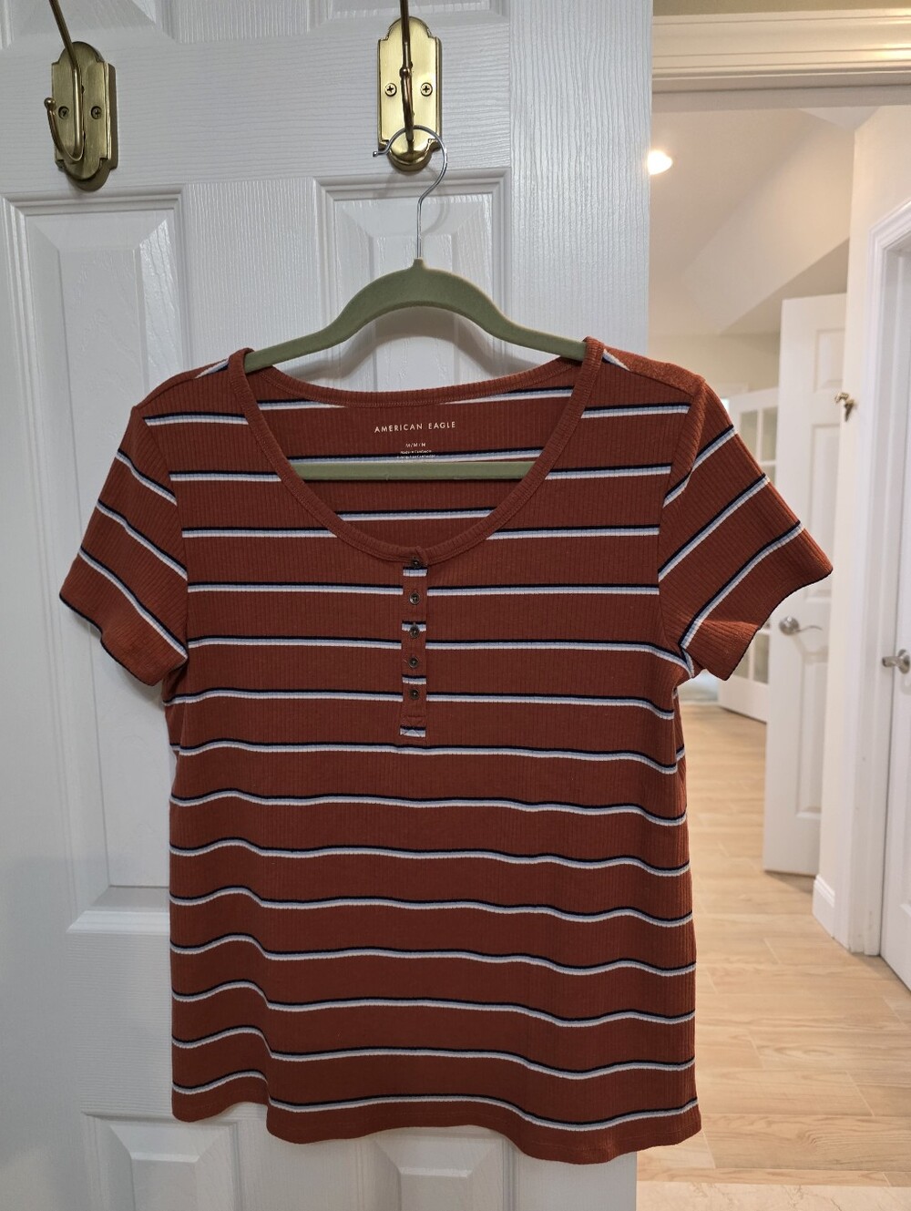 American Eagle Outfitters Rust Striped Henley Tee
